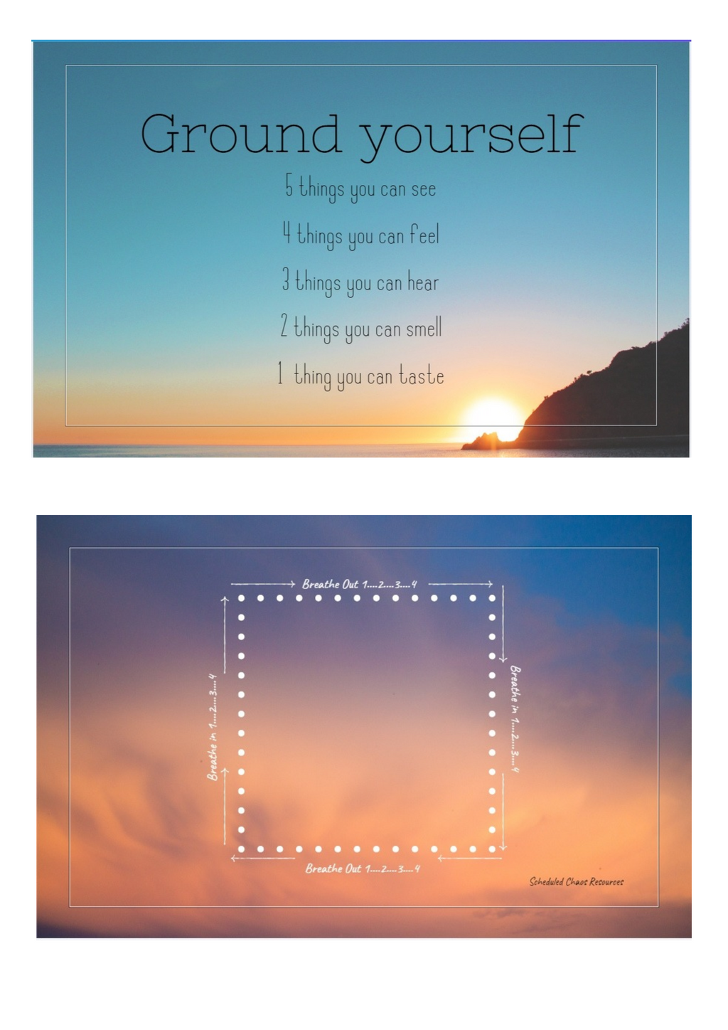 Front and back of a grounding card showing the five-senses grounding exercise and square breathing guide.